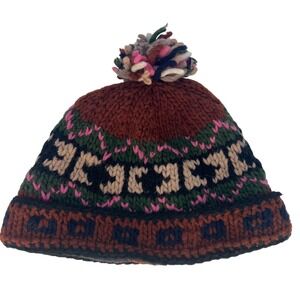 Global Village Hand Knit Wool Beanie Hat Multicolor Pom Pom Fair Isle Winter